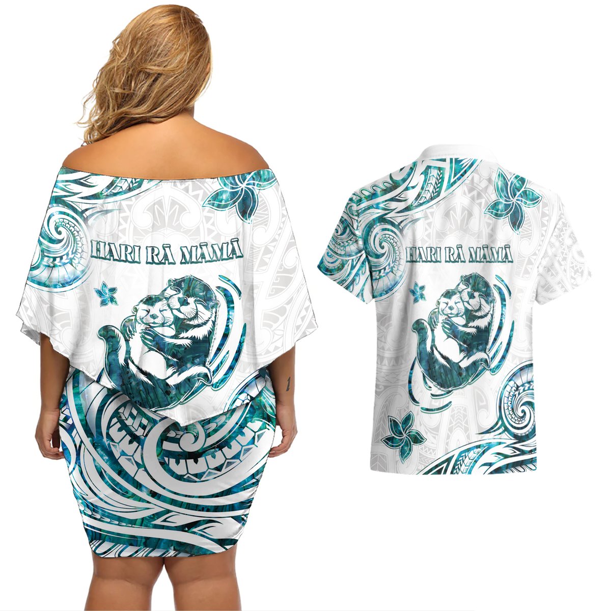 New Zealand Aotearoa Hari Ra Mama Couples Matching Off Shoulder Short Dress and Hawaiian Shirt A Mother's Love Is Like No Otter LT05 - Polynesian Pride