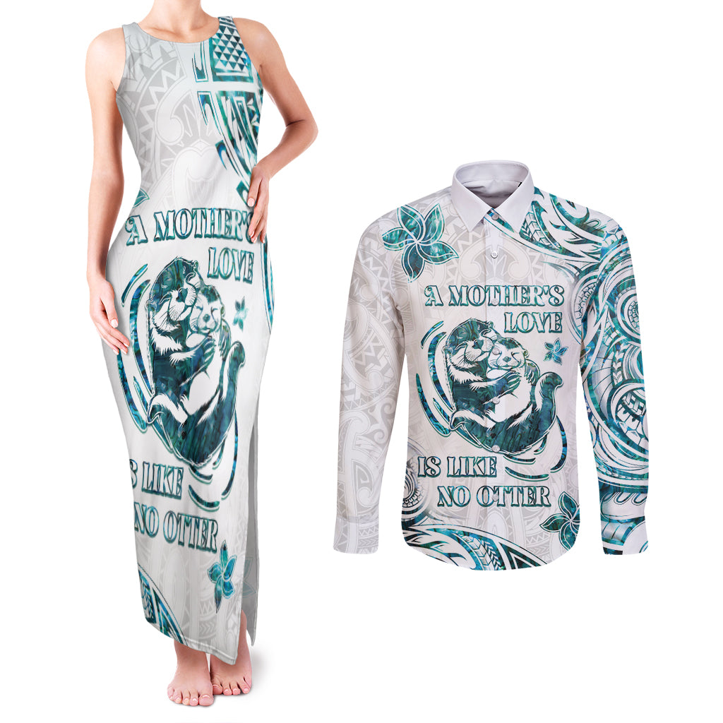 New Zealand Aotearoa Hari Ra Mama Couples Matching Tank Maxi Dress and Long Sleeve Button Shirt A Mother's Love Is Like No Otter LT05 White - Polynesian Pride