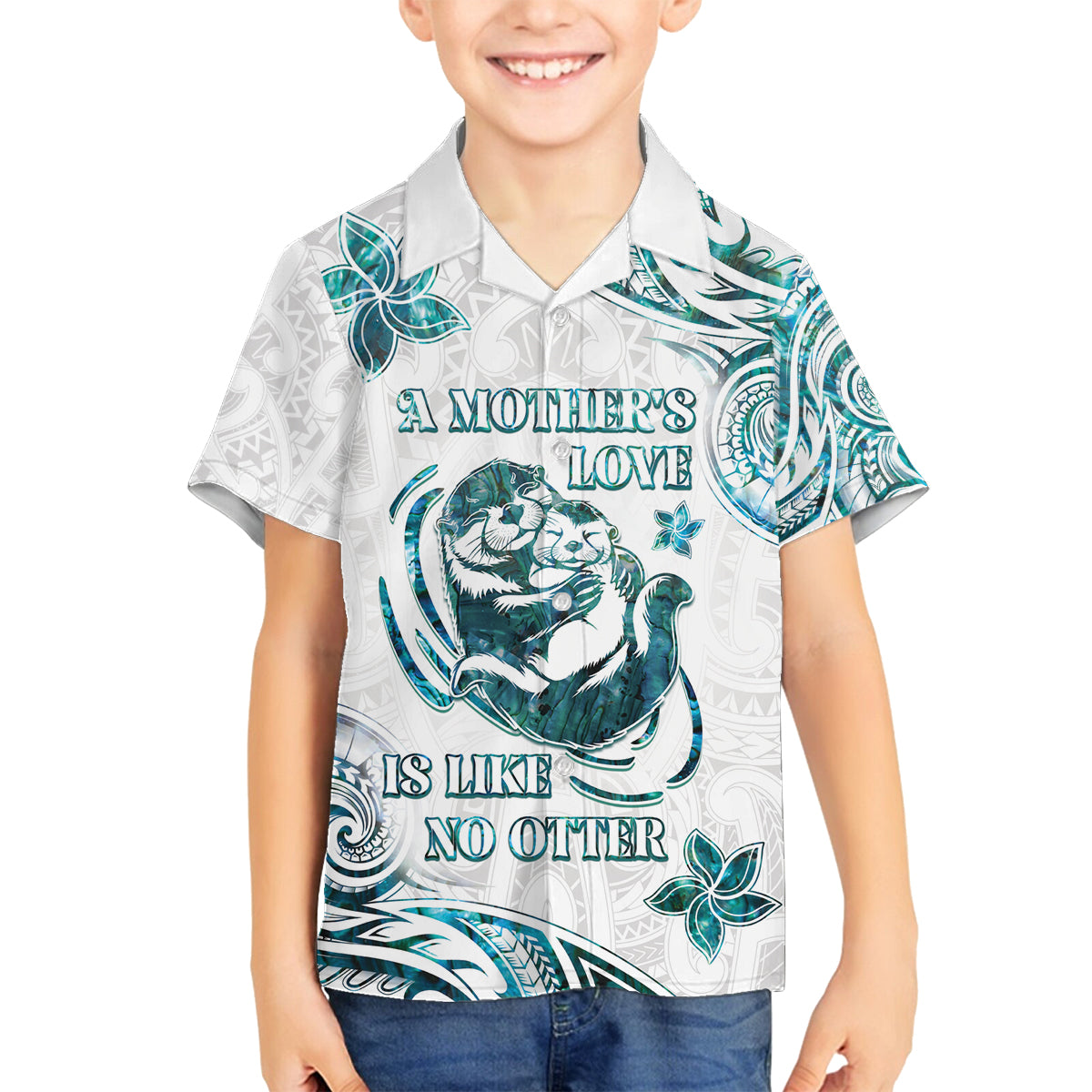 New Zealand Aotearoa Hari Ra Mama Family Matching Off Shoulder Short Dress and Hawaiian Shirt A Mother's Love Is Like No Otter LT05 Son's Shirt White - Polynesian Pride