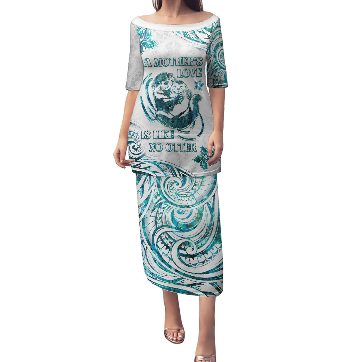 New Zealand Aotearoa Hari Ra Mama Family Matching Puletasi and Hawaiian Shirt A Mother's Love Is Like No Otter LT05 Mom's Dress White - Polynesian Pride