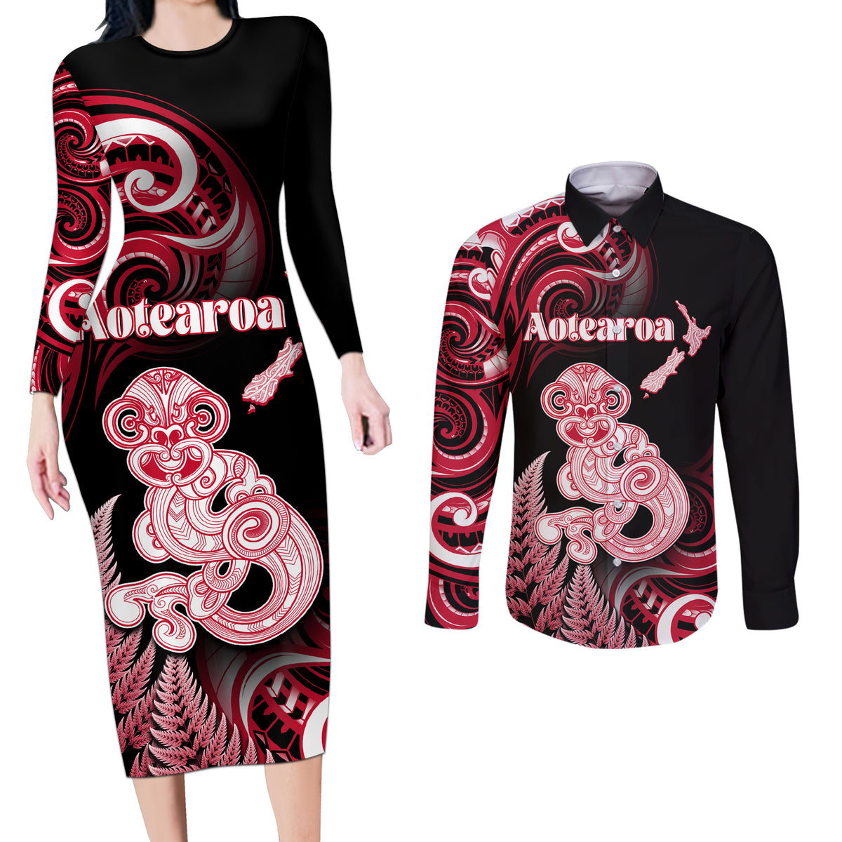 Personalised New Zealand Maori Taniwha Couples Matching Long Sleeve Bodycon Dress and Long Sleeve Button Shirt Silver Fern Red Version LT05 Red - Polynesian Pride