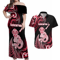 Personalised New Zealand Maori Taniwha Couples Matching Off Shoulder Maxi Dress and Hawaiian Shirt Silver Fern Red Version LT05 Red - Polynesian Pride
