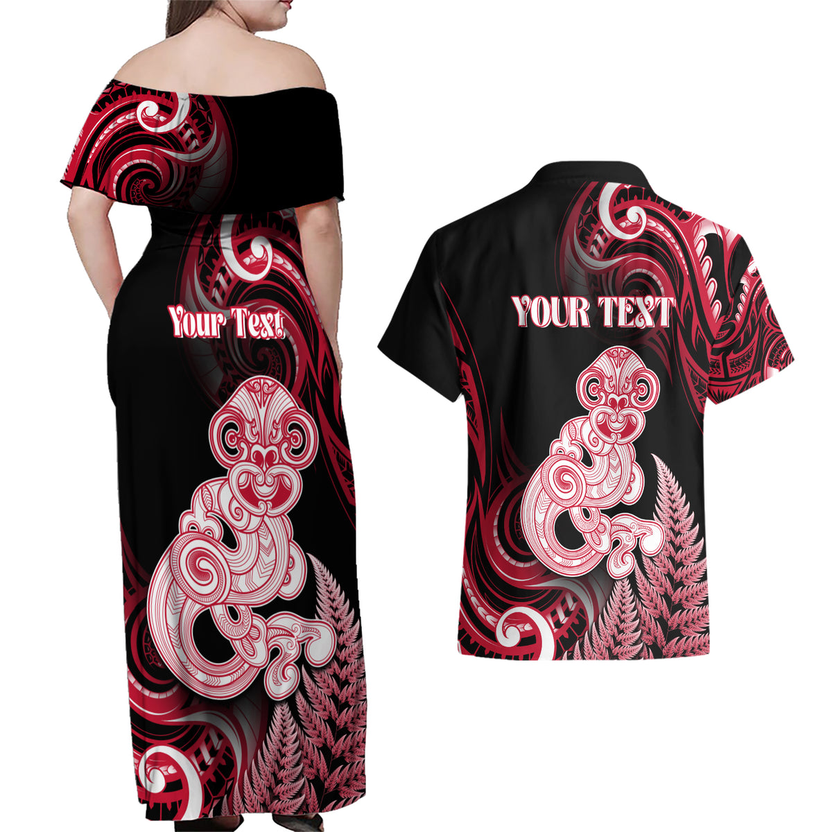 Personalised New Zealand Maori Taniwha Couples Matching Off Shoulder Maxi Dress and Hawaiian Shirt Silver Fern Red Version LT05 - Polynesian Pride