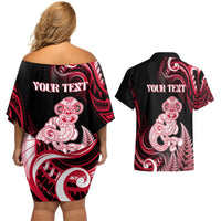 Personalised New Zealand Maori Taniwha Couples Matching Off Shoulder Short Dress and Hawaiian Shirt Silver Fern Red Version LT05 - Polynesian Pride