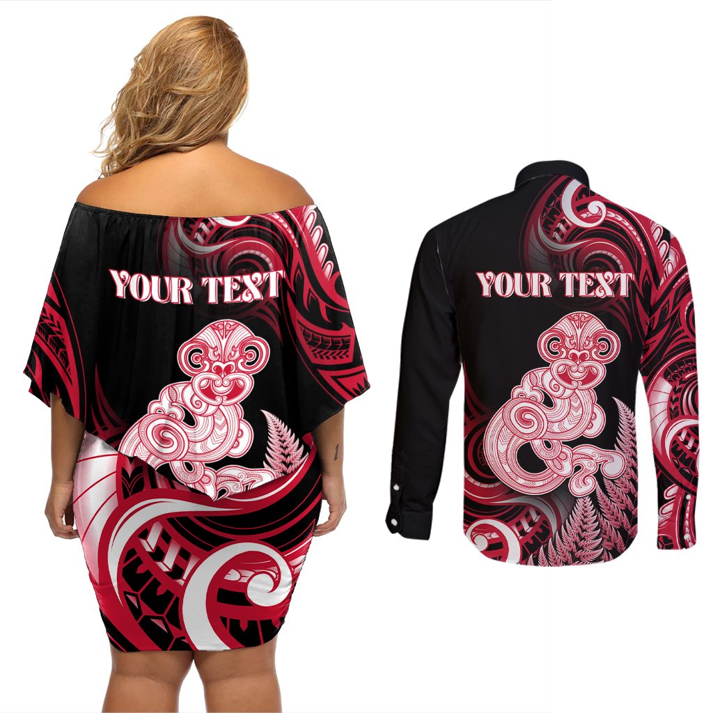 Personalised New Zealand Maori Taniwha Couples Matching Off Shoulder Short Dress and Long Sleeve Button Shirt Silver Fern Red Version