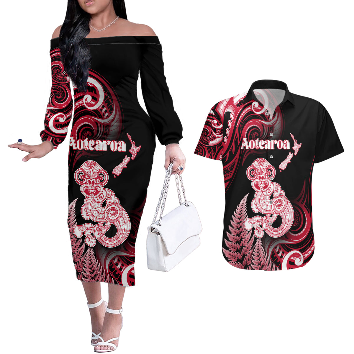 Personalised New Zealand Maori Taniwha Couples Matching Off The Shoulder Long Sleeve Dress and Hawaiian Shirt Silver Fern Red Version LT05 Red - Polynesian Pride