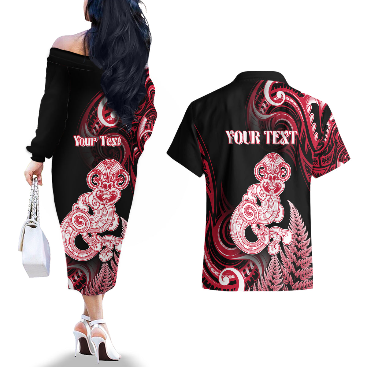 Personalised New Zealand Maori Taniwha Couples Matching Off The Shoulder Long Sleeve Dress and Hawaiian Shirt Silver Fern Red Version LT05 - Polynesian Pride