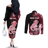 Personalised New Zealand Maori Taniwha Couples Matching Off The Shoulder Long Sleeve Dress and Long Sleeve Button Shirt Silver Fern Red Version LT05 - Polynesian Pride