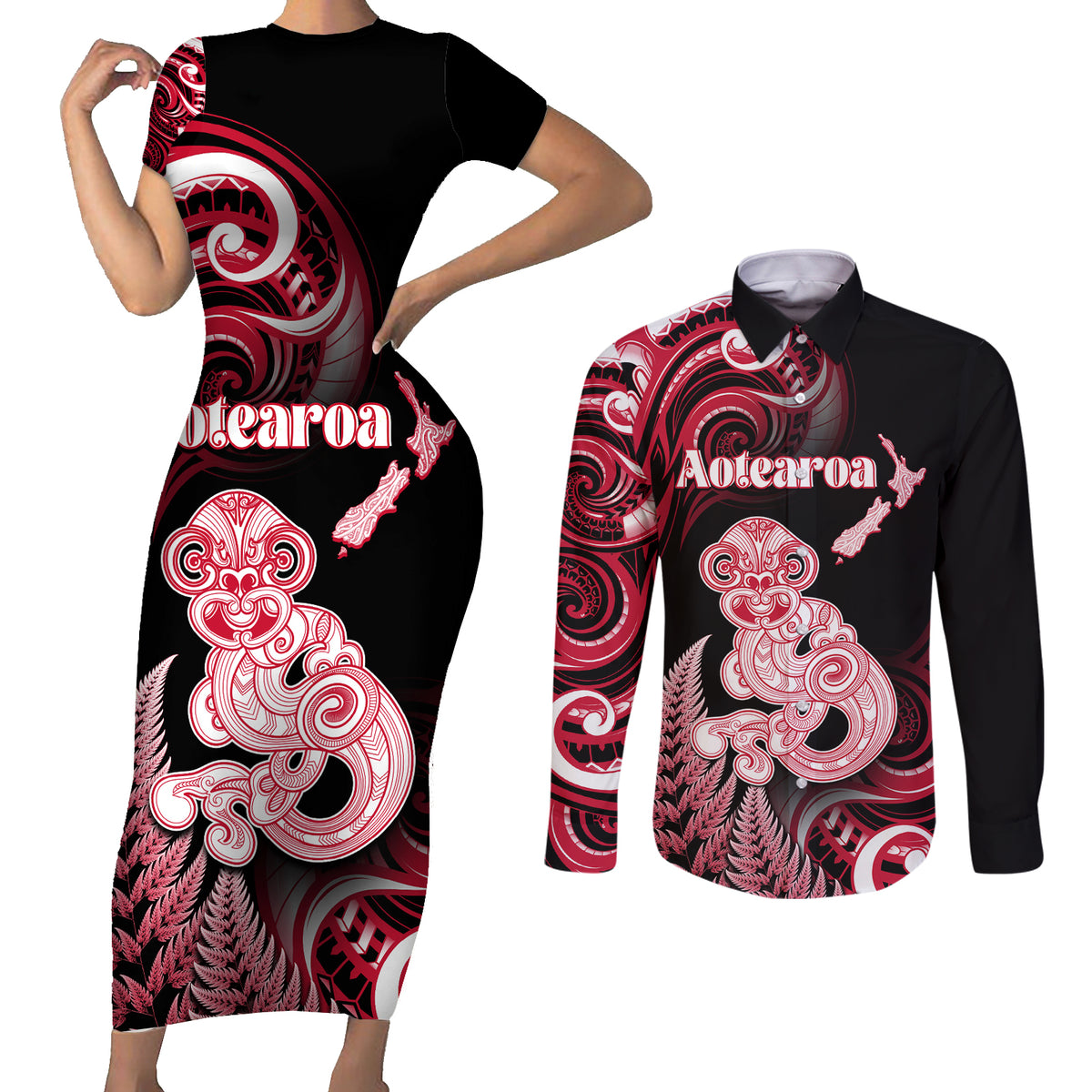 Personalised New Zealand Maori Taniwha Couples Matching Short Sleeve Bodycon Dress and Long Sleeve Button Shirt Silver Fern Red Version LT05 Red - Polynesian Pride
