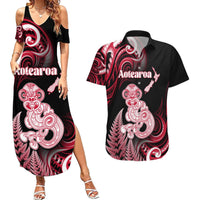 Personalised New Zealand Maori Taniwha Couples Matching Summer Maxi Dress and Hawaiian Shirt Silver Fern Red Version LT05 Red - Polynesian Pride