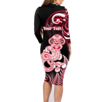 Personalised New Zealand Maori Taniwha Family Matching Long Sleeve Bodycon Dress and Hawaiian Shirt Silver Fern Red Version LT05 - Polynesian Pride