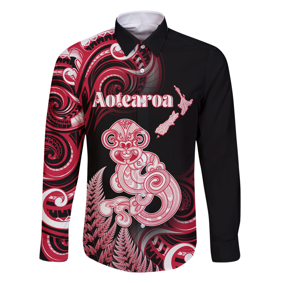 Personalised New Zealand Maori Taniwha Family Matching Mermaid Dress and Hawaiian Shirt Silver Fern Red Version LT05 Dad's Shirt - Long Sleeve Red - Polynesian Pride
