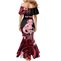 Personalised New Zealand Maori Taniwha Family Matching Mermaid Dress and Hawaiian Shirt Silver Fern Red Version LT05 - Polynesian Pride