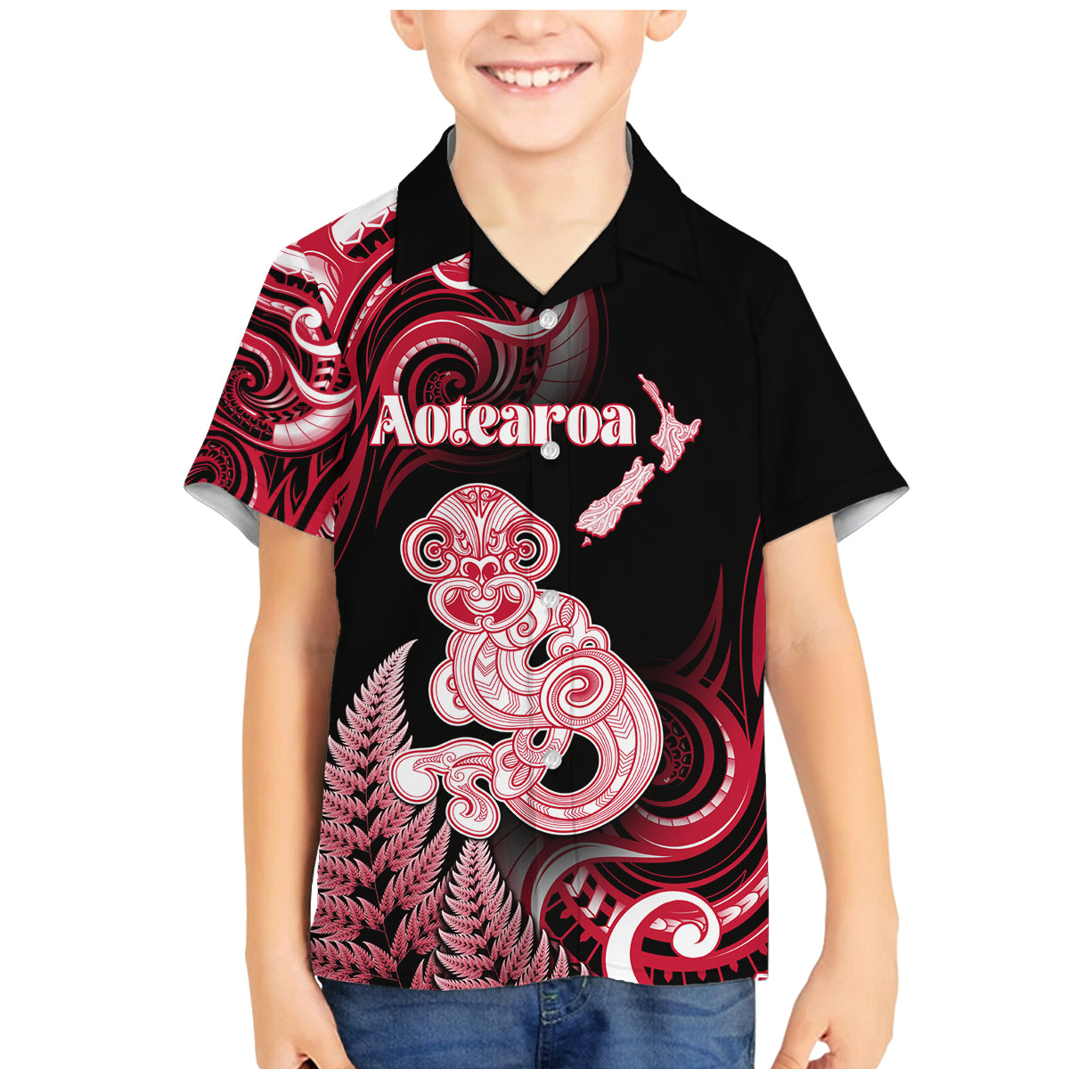 Personalised New Zealand Maori Taniwha Family Matching Mermaid Dress and Hawaiian Shirt Silver Fern Red Version LT05 Son's Shirt Red - Polynesian Pride
