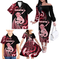 Personalised New Zealand Maori Taniwha Family Matching Off The Shoulder Long Sleeve Dress and Hawaiian Shirt Silver Fern Red Version LT05 - Polynesian Pride