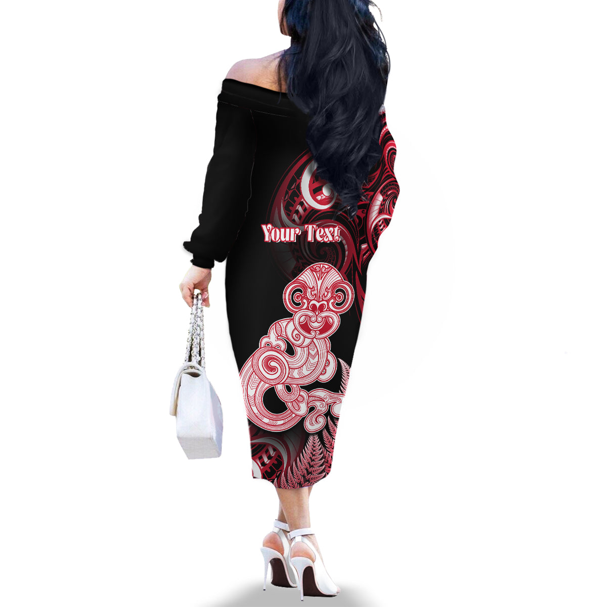 Personalised New Zealand Maori Taniwha Family Matching Off The Shoulder Long Sleeve Dress and Hawaiian Shirt Silver Fern Red Version LT05 - Polynesian Pride