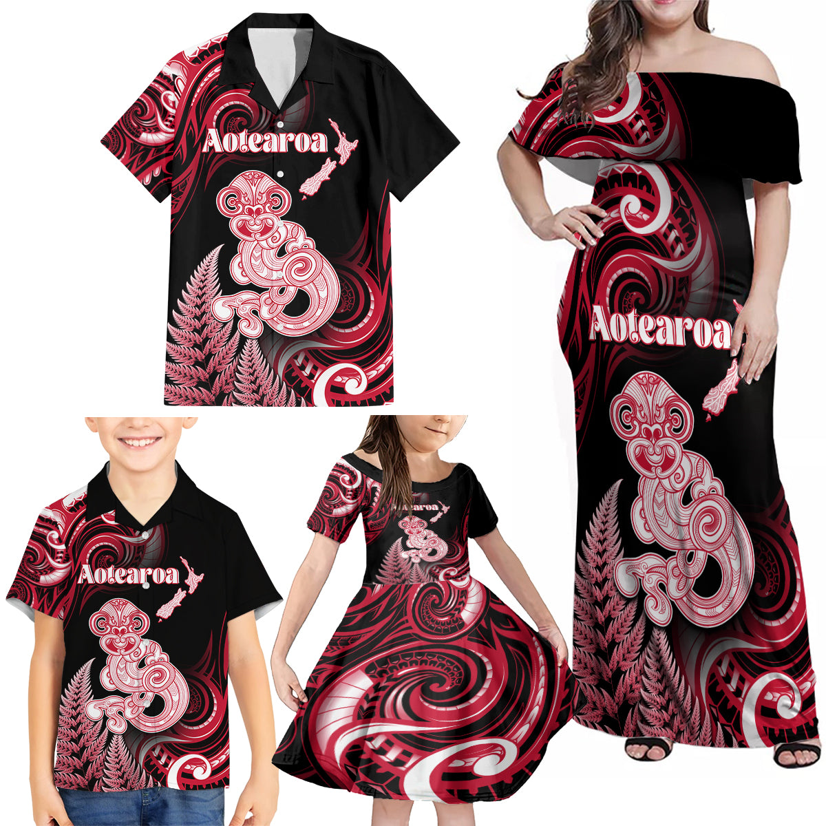 Personalised New Zealand Maori Taniwha Family Matching Off Shoulder Maxi Dress and Hawaiian Shirt Silver Fern Red Version LT05 - Polynesian Pride