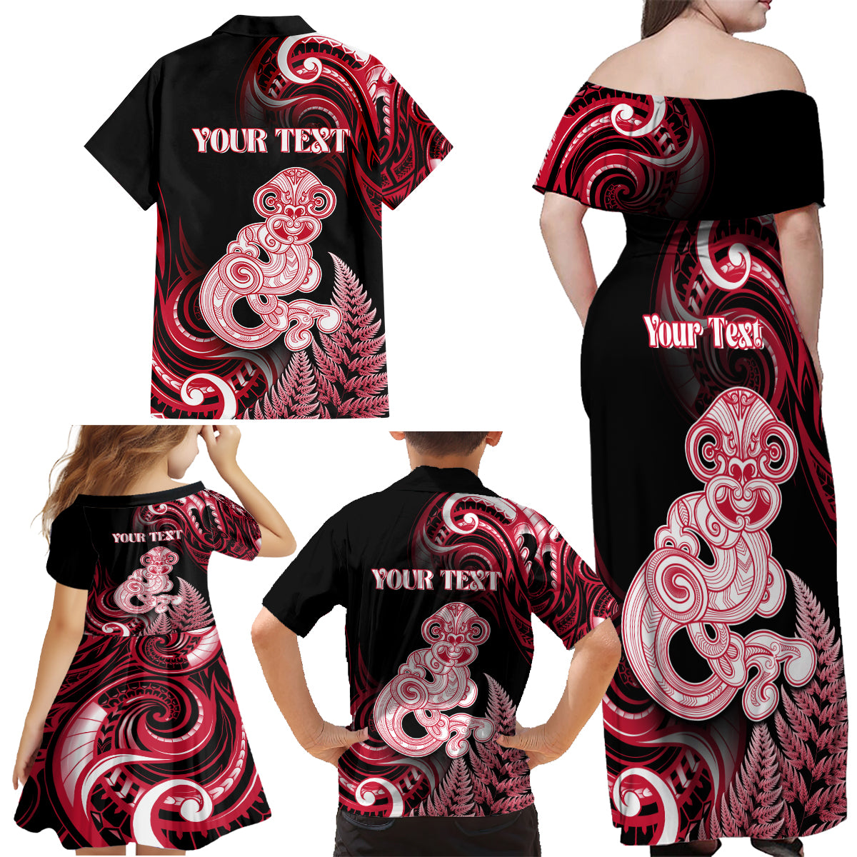 Personalised New Zealand Maori Taniwha Family Matching Off Shoulder Maxi Dress and Hawaiian Shirt Silver Fern Red Version LT05 - Polynesian Pride