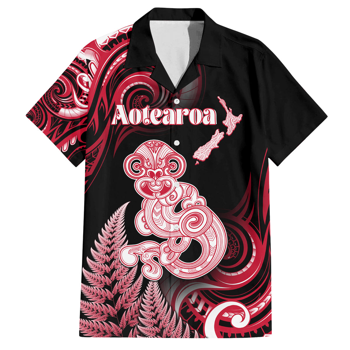 Personalised New Zealand Maori Taniwha Family Matching Off Shoulder Maxi Dress and Hawaiian Shirt Silver Fern Red Version LT05 Dad's Shirt - Short Sleeve Red - Polynesian Pride