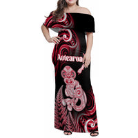 Personalised New Zealand Maori Taniwha Family Matching Off Shoulder Maxi Dress and Hawaiian Shirt Silver Fern Red Version LT05 Mom's Dress Red - Polynesian Pride