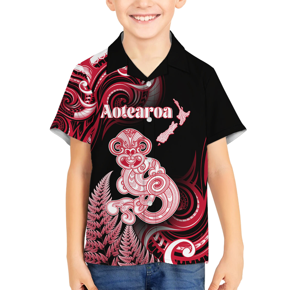 Personalised New Zealand Maori Taniwha Family Matching Off Shoulder Maxi Dress and Hawaiian Shirt Silver Fern Red Version LT05 Son's Shirt Red - Polynesian Pride