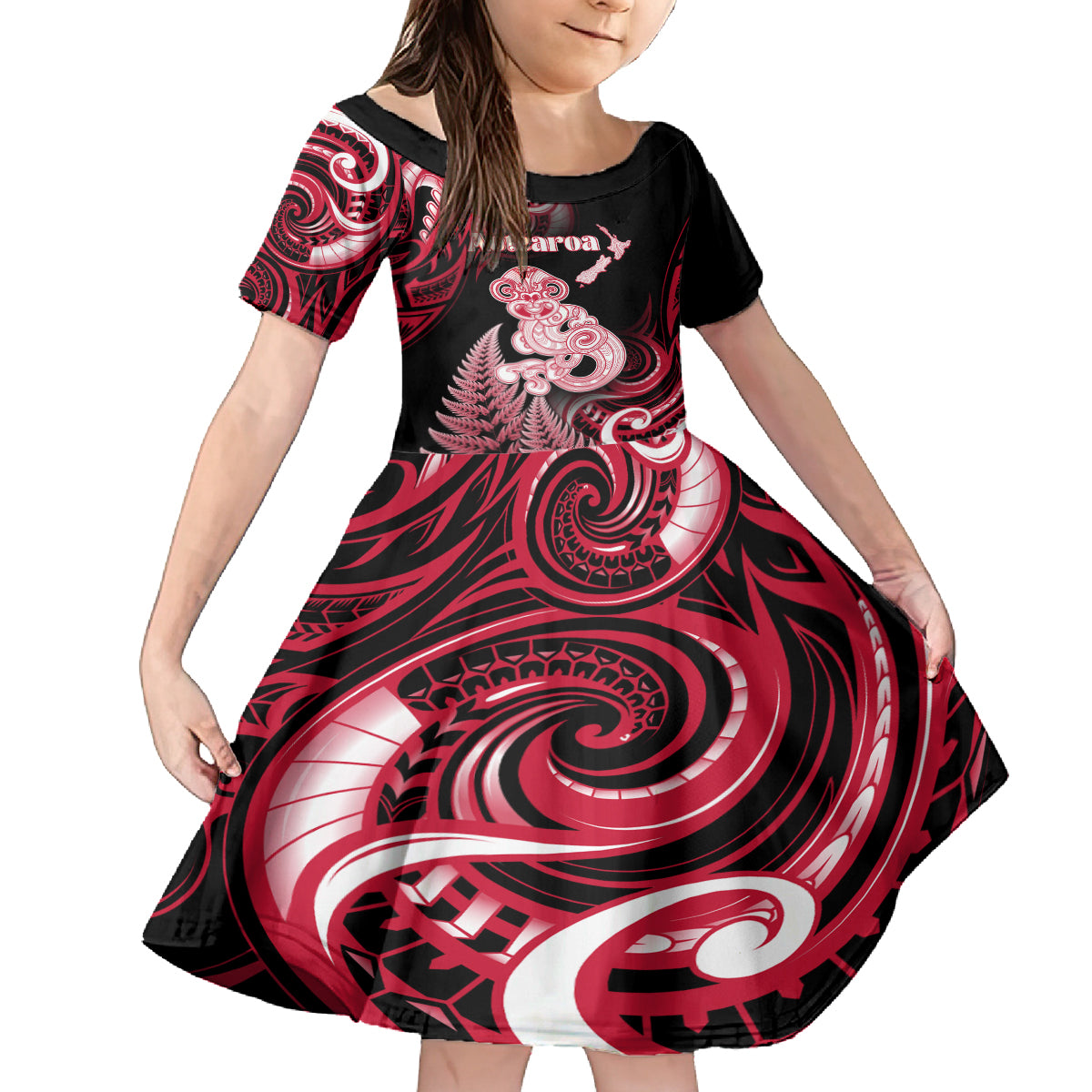 Personalised New Zealand Maori Taniwha Family Matching Off Shoulder Short Dress and Hawaiian Shirt Silver Fern Red Version LT05 Daughter's Dress Red - Polynesian Pride