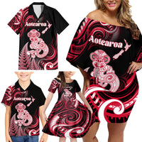 Personalised New Zealand Maori Taniwha Family Matching Off Shoulder Short Dress and Hawaiian Shirt Silver Fern Red Version LT05 - Polynesian Pride