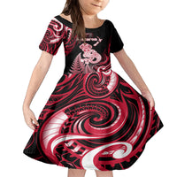 Personalised New Zealand Maori Taniwha Family Matching Puletasi and Hawaiian Shirt Silver Fern Red Version LT05 Daughter's Dress Red - Polynesian Pride