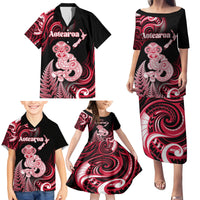 Personalised New Zealand Maori Taniwha Family Matching Puletasi and Hawaiian Shirt Silver Fern Red Version LT05 - Polynesian Pride