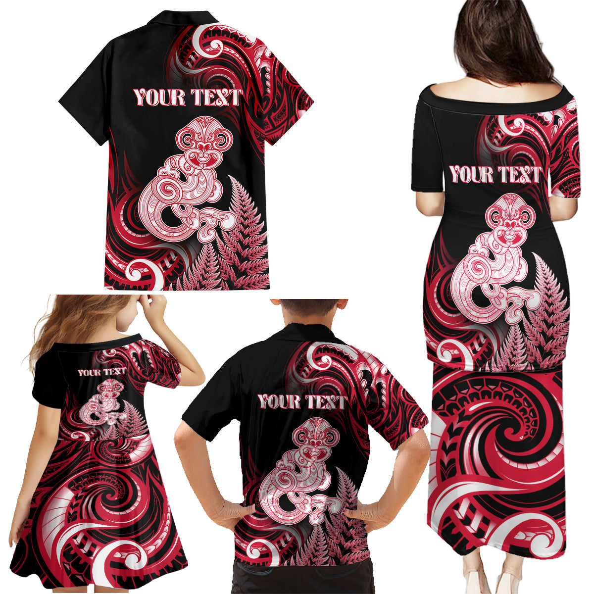 Personalised New Zealand Maori Taniwha Family Matching Puletasi and Hawaiian Shirt Silver Fern Red Version LT05 - Polynesian Pride