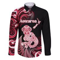 Personalised New Zealand Maori Taniwha Family Matching Puletasi and Hawaiian Shirt Silver Fern Red Version LT05 Dad's Shirt - Long Sleeve Red - Polynesian Pride