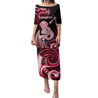 Personalised New Zealand Maori Taniwha Family Matching Puletasi and Hawaiian Shirt Silver Fern Red Version LT05 Mom's Dress Red - Polynesian Pride