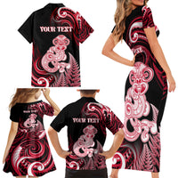Personalised New Zealand Maori Taniwha Family Matching Short Sleeve Bodycon Dress and Hawaiian Shirt Silver Fern Red Version LT05 - Polynesian Pride