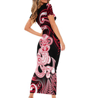 Personalised New Zealand Maori Taniwha Family Matching Short Sleeve Bodycon Dress and Hawaiian Shirt Silver Fern Red Version LT05 - Polynesian Pride