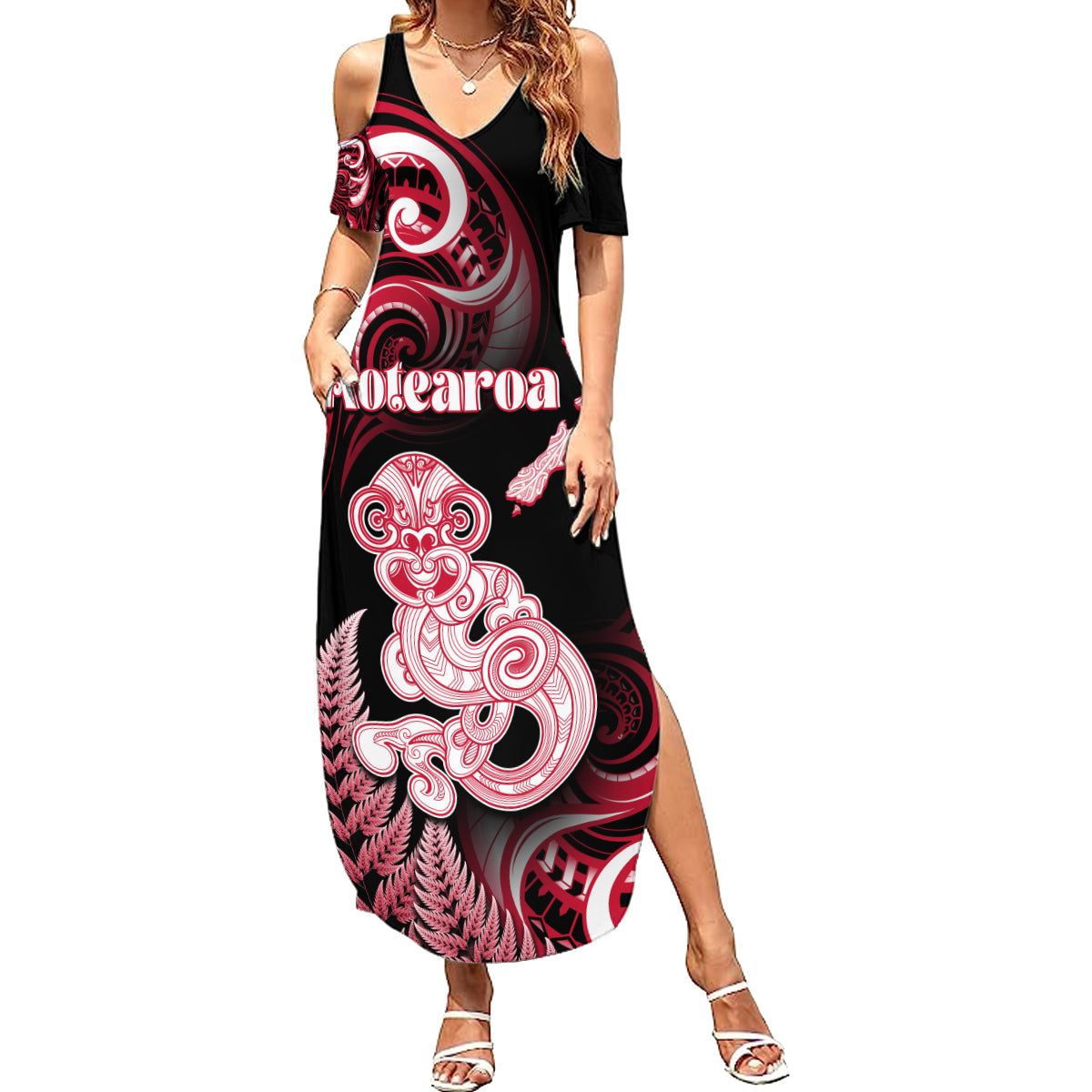 Personalised New Zealand Maori Taniwha Family Matching Summer Maxi Dress and Hawaiian Shirt Silver Fern Red Version LT05 Mom's Dress Red - Polynesian Pride