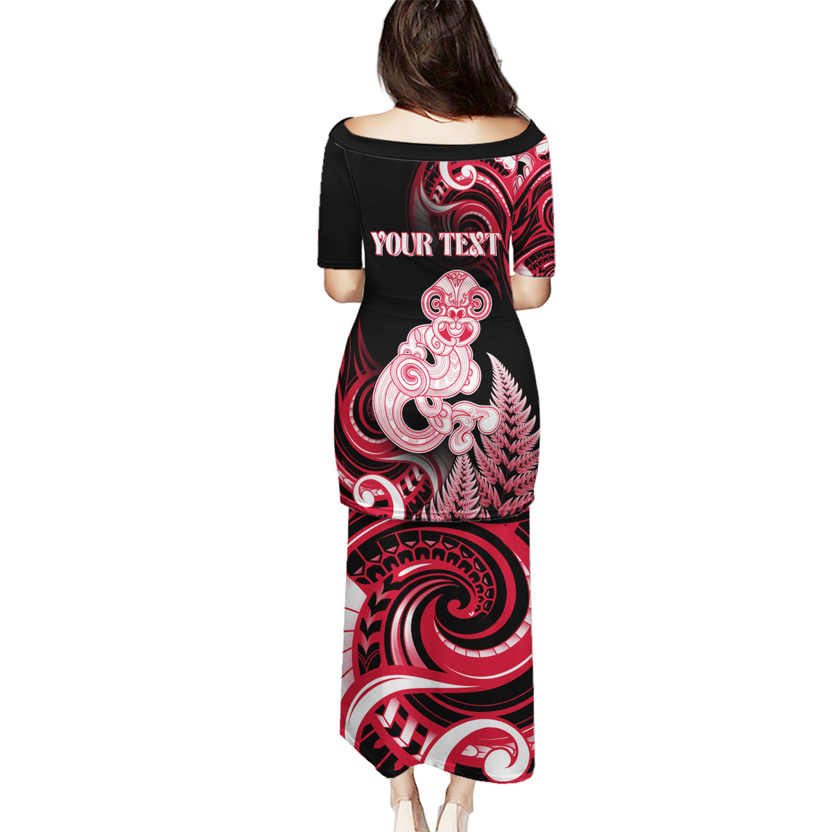 Personalised New Zealand Maori Taniwha Puletasi Silver Fern Red Version