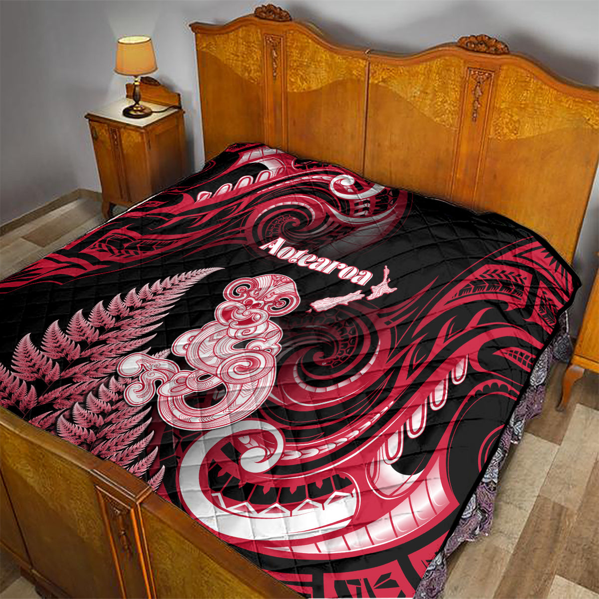 New Zealand Maori Taniwha Quilt Silver Fern Red Version LT05 - Polynesian Pride