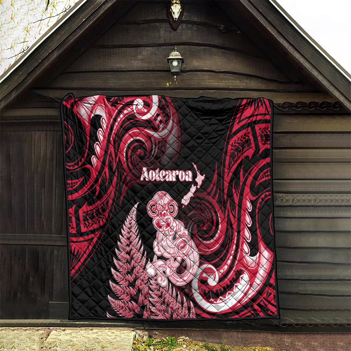 New Zealand Maori Taniwha Quilt Silver Fern Red Version LT05 - Polynesian Pride