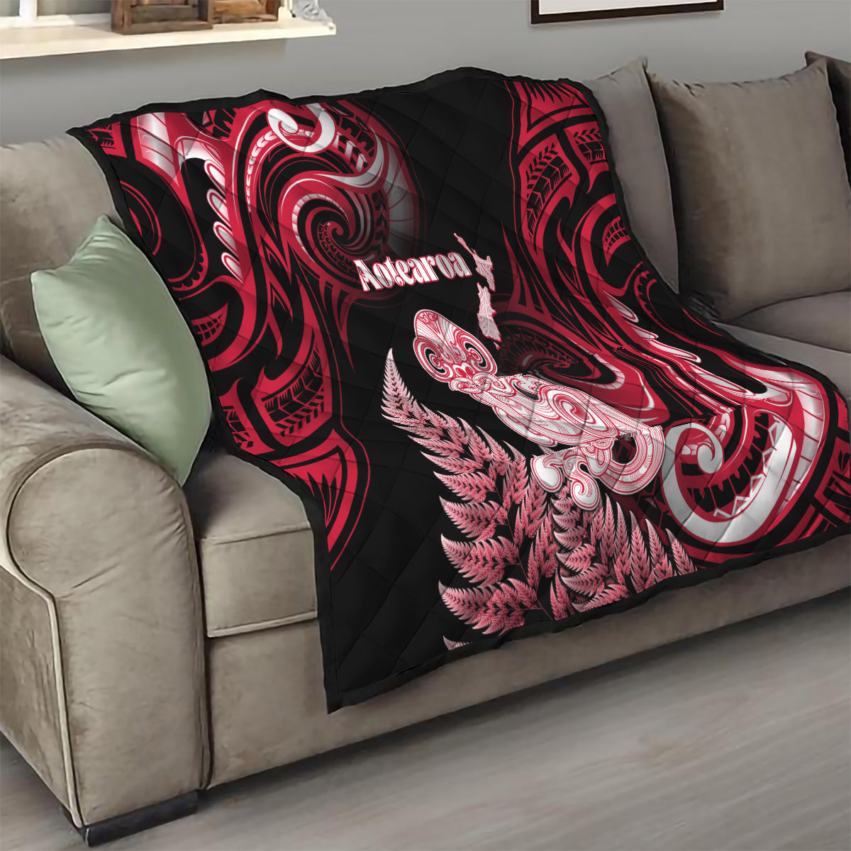 New Zealand Maori Taniwha Quilt Silver Fern Red Version LT05 - Polynesian Pride