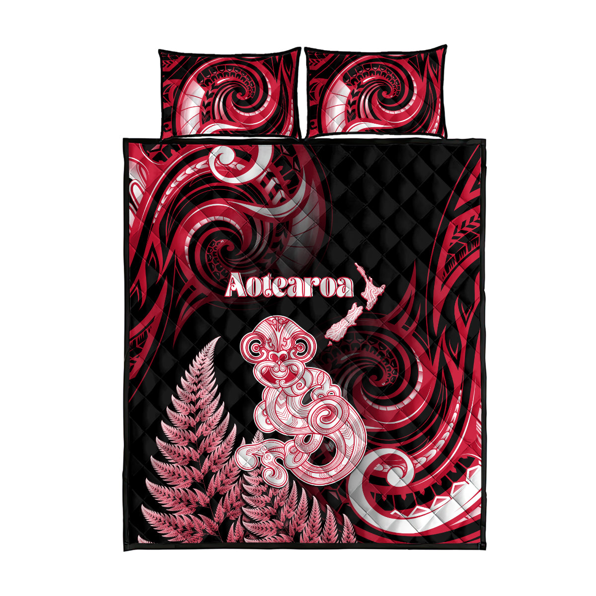 New Zealand Maori Taniwha Quilt Bed Set Silver Fern Red Version