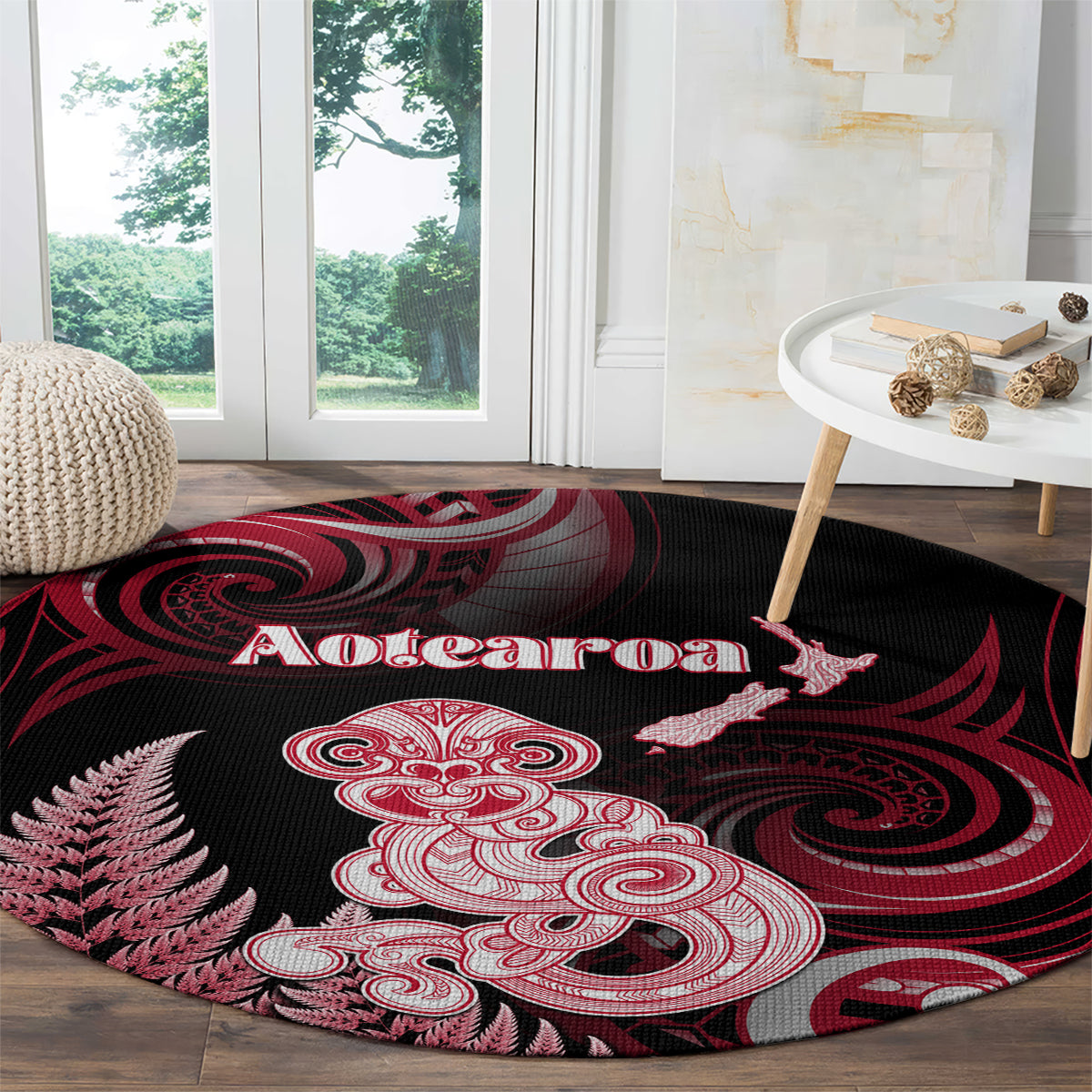 New Zealand Maori Taniwha Round Carpet Silver Fern Red Version LT05 - Polynesian Pride