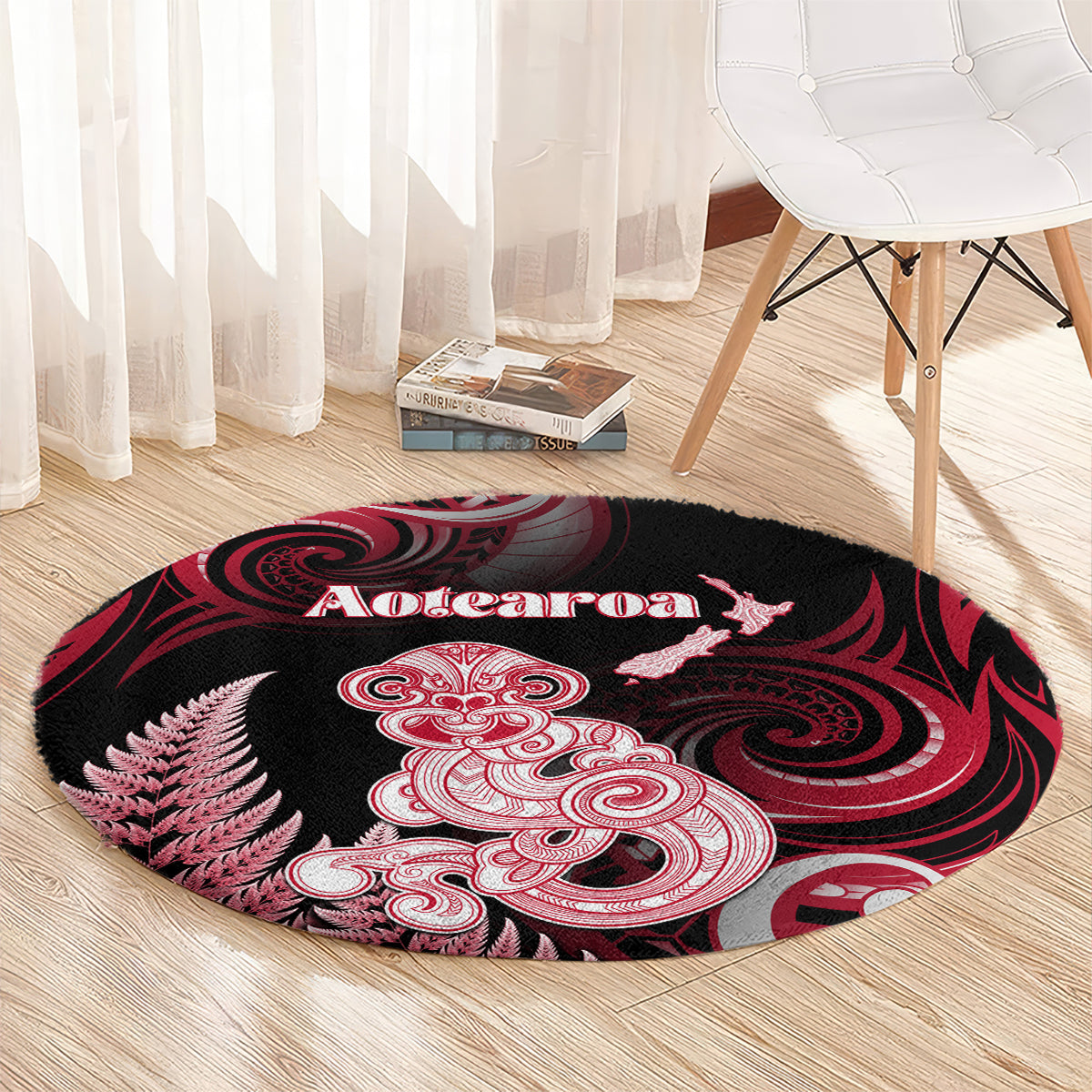 New Zealand Maori Taniwha Round Carpet Silver Fern Red Version LT05 - Polynesian Pride