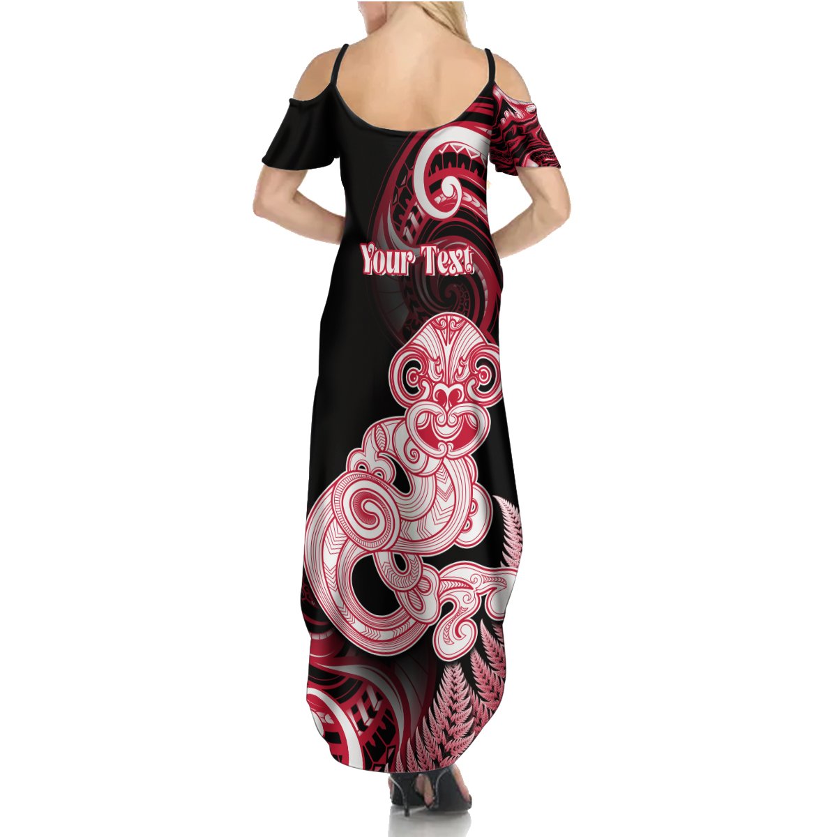 Personalised New Zealand Maori Taniwha Summer Maxi Dress Silver Fern Red Version