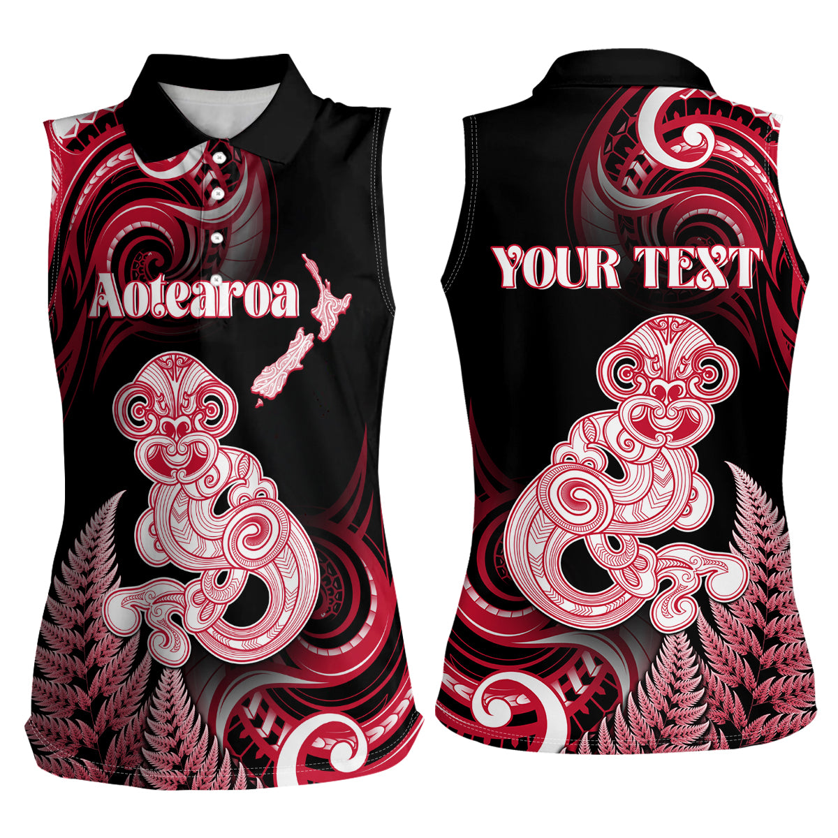 Personalised New Zealand Maori Taniwha Women Sleeveless Polo Shirt Silver Fern Red Version LT05 - Polynesian Pride