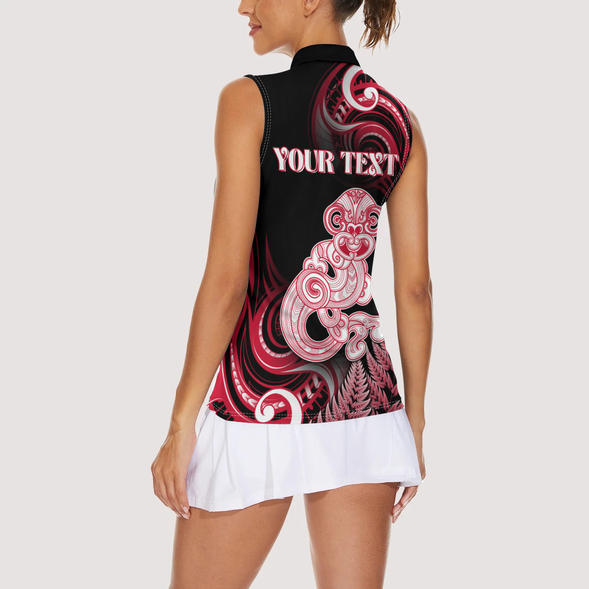 Personalised New Zealand Maori Taniwha Women Sleeveless Polo Shirt Silver Fern Red Version LT05 - Polynesian Pride