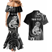 Personalised New Zealand Maori Taniwha Couples Matching Mermaid Dress and Hawaiian Shirt Silver Fern Black Version LT05 - Polynesian Pride