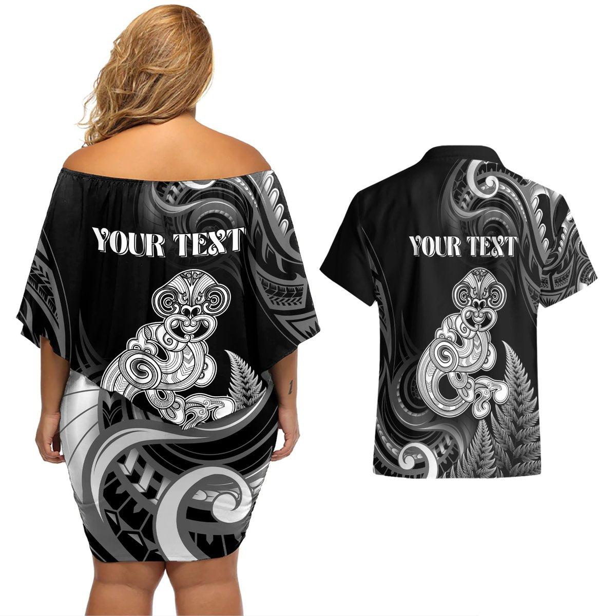 Personalised New Zealand Maori Taniwha Couples Matching Off Shoulder Short Dress and Hawaiian Shirt Silver Fern Black Version LT05 - Polynesian Pride