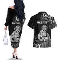 Personalised New Zealand Maori Taniwha Couples Matching Off The Shoulder Long Sleeve Dress and Hawaiian Shirt Silver Fern Black Version LT05 - Polynesian Pride