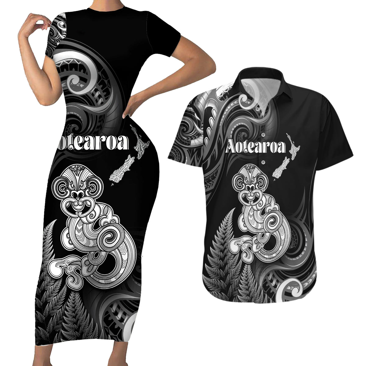 Personalised New Zealand Maori Taniwha Couples Matching Short Sleeve Bodycon Dress and Hawaiian Shirt Silver Fern Black Version LT05 Black - Polynesian Pride