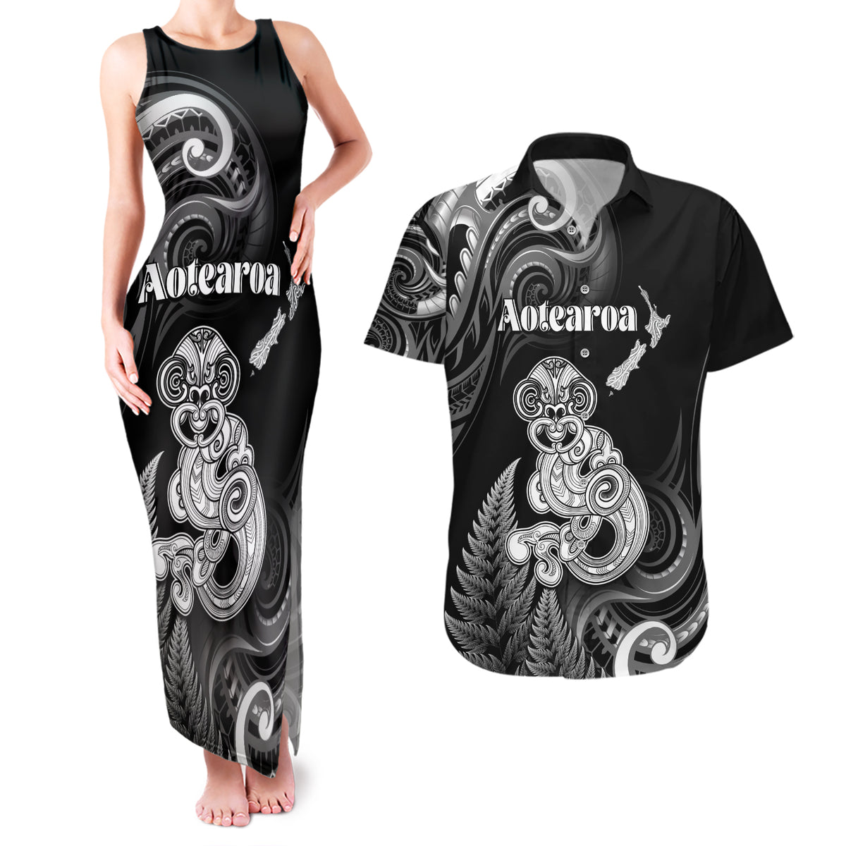Personalised New Zealand Maori Taniwha Couples Matching Tank Maxi Dress and Hawaiian Shirt Silver Fern Black Version LT05 Black - Polynesian Pride